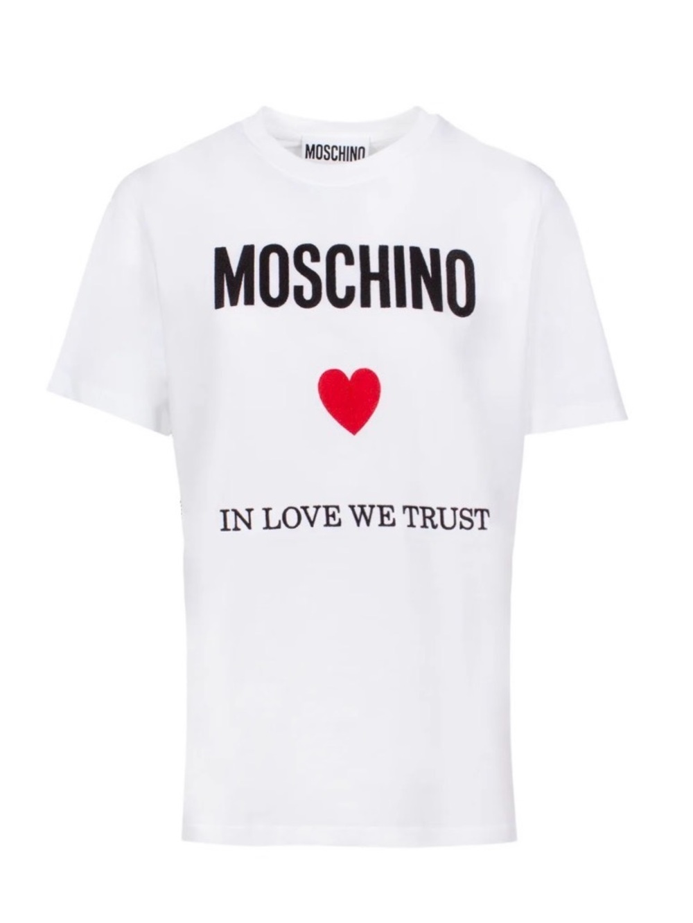 Moschino White Tee with Black Logo and Red Heart